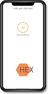 A mobile phone screen displaying HEX logo and a prompt to "Let's get started"